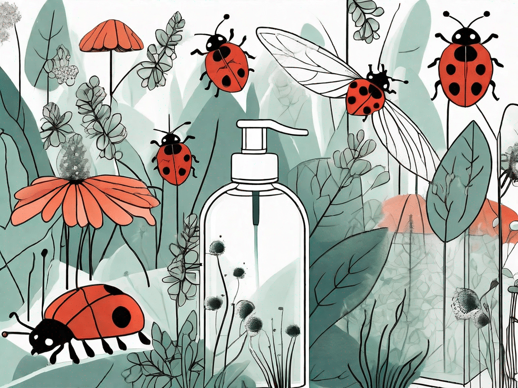 A garden scene with various plants being protected by natural methods such as ladybugs