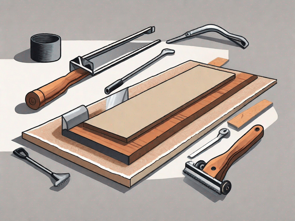 A carpet edge being flattened with various tools like a carpet stretcher