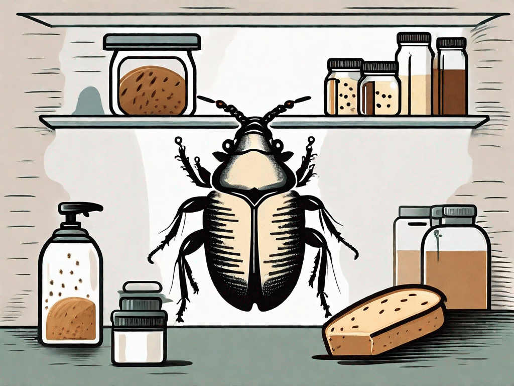A brotkäfer (bread beetle) being repelled by various pest control measures such as natural repellents and traps in a pantry setting