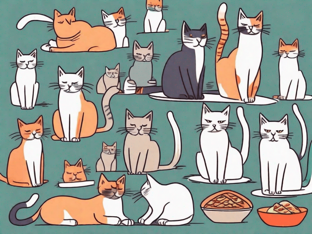 A variety of cats in different situations such as overeating