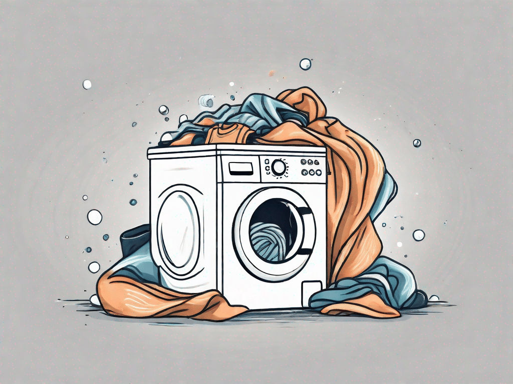A washing machine with cleaning cloths and regular laundry items like shirts and pants swirling inside