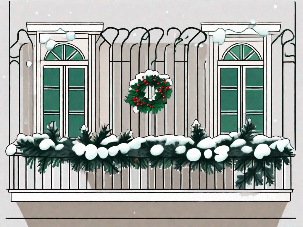 A balcony adorned with various winter-hardy plants such as evergreens