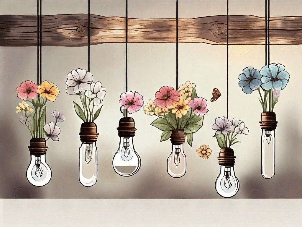 Several old light bulbs creatively transformed into stylish hanging vases with a variety of flowers blooming from them