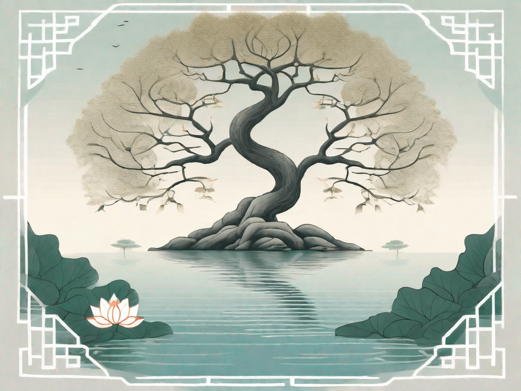 A serene landscape with a large bodhi tree and a lotus pond