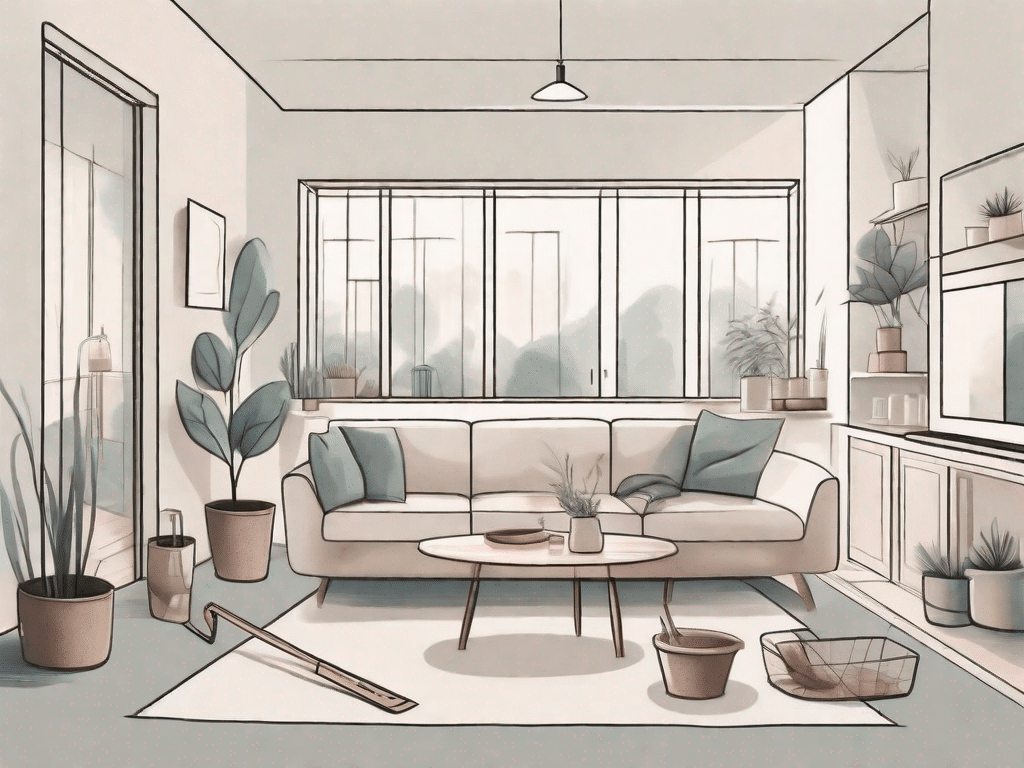 A serene and tidy living space with visible cleaning tools