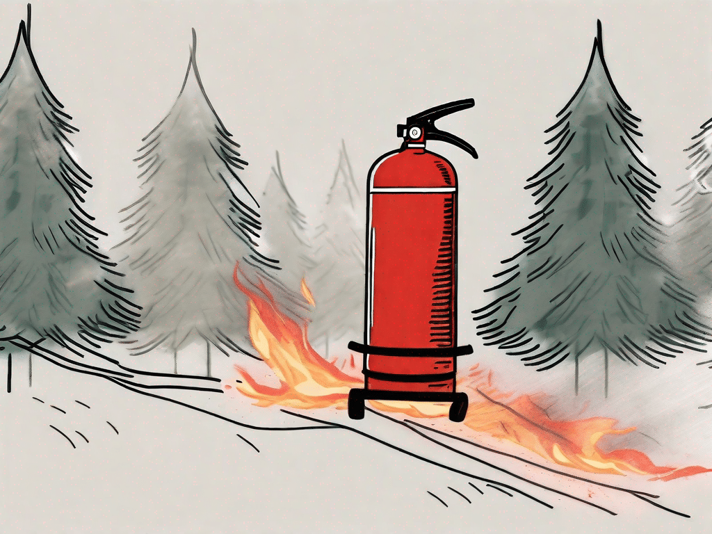 A christmas tree ablaze with a fire extinguisher nearby