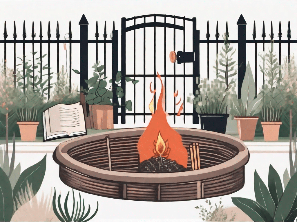 A garden scene with a fire basket in the center