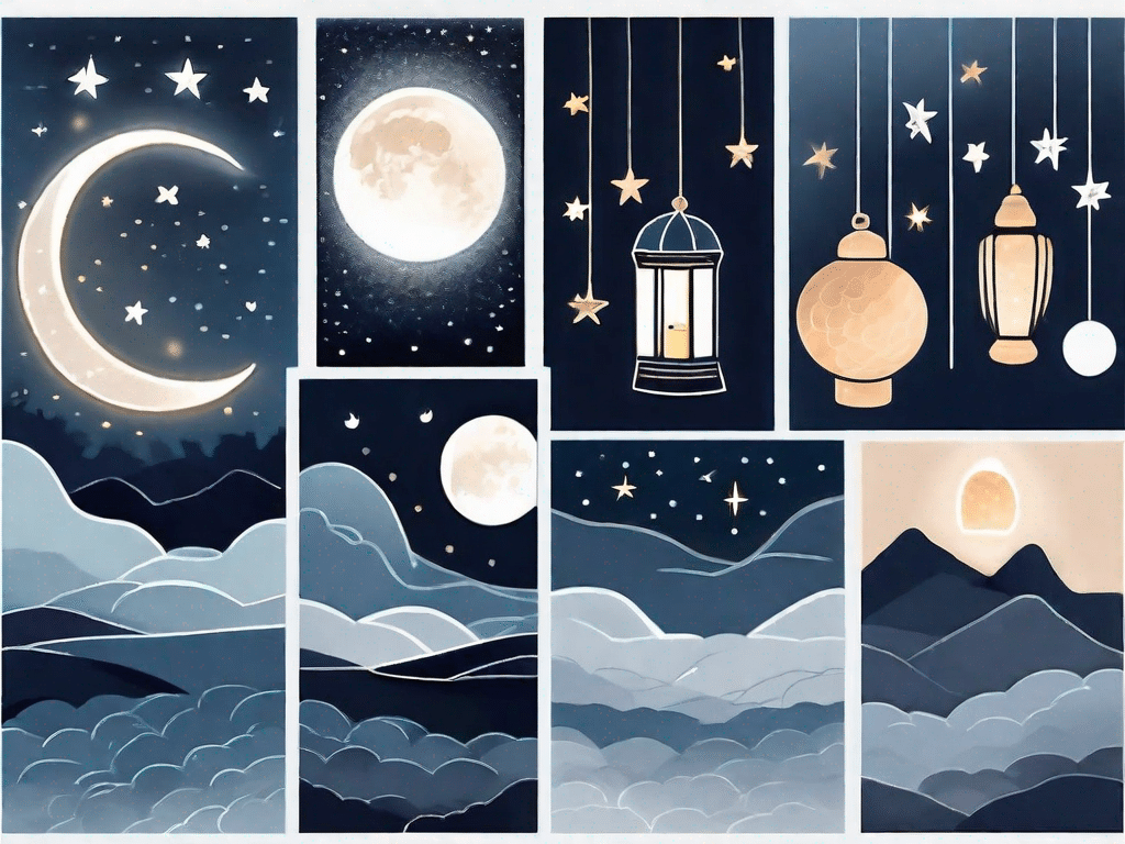 A serene nighttime scene with various elements like a glowing moon