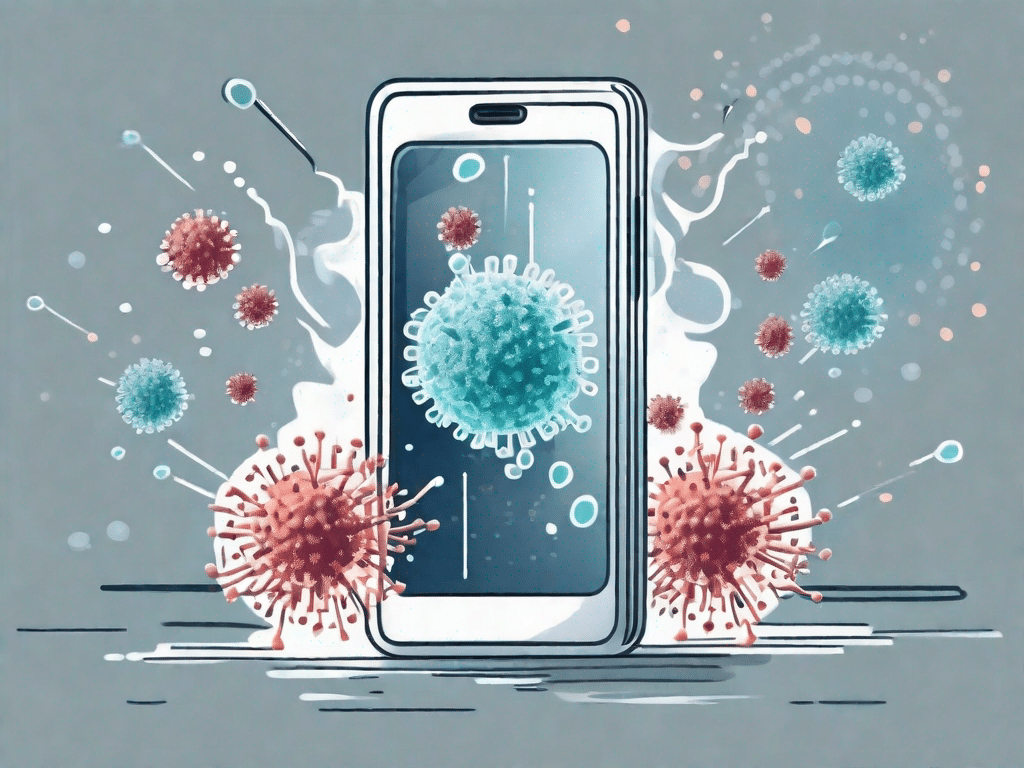 A smartphone surrounded by stylized representations of coronavirus particles