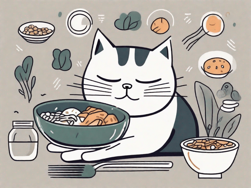 A worried-looking cat refusing to eat from a bowl of food