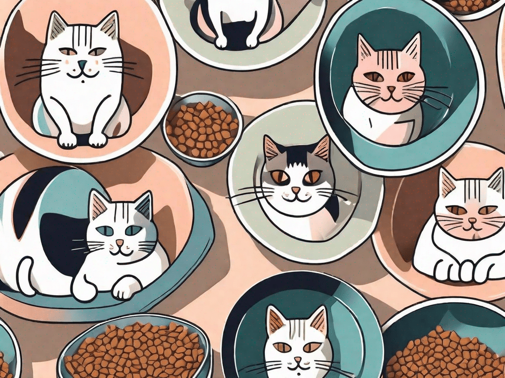 Several different types of high-quality cat food arranged in bowls