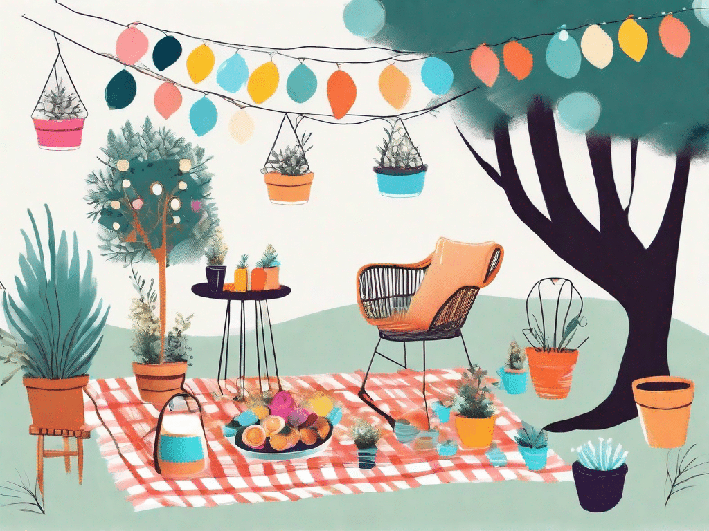 A sunny backyard scene featuring various diy decor items such as a painted flower pot