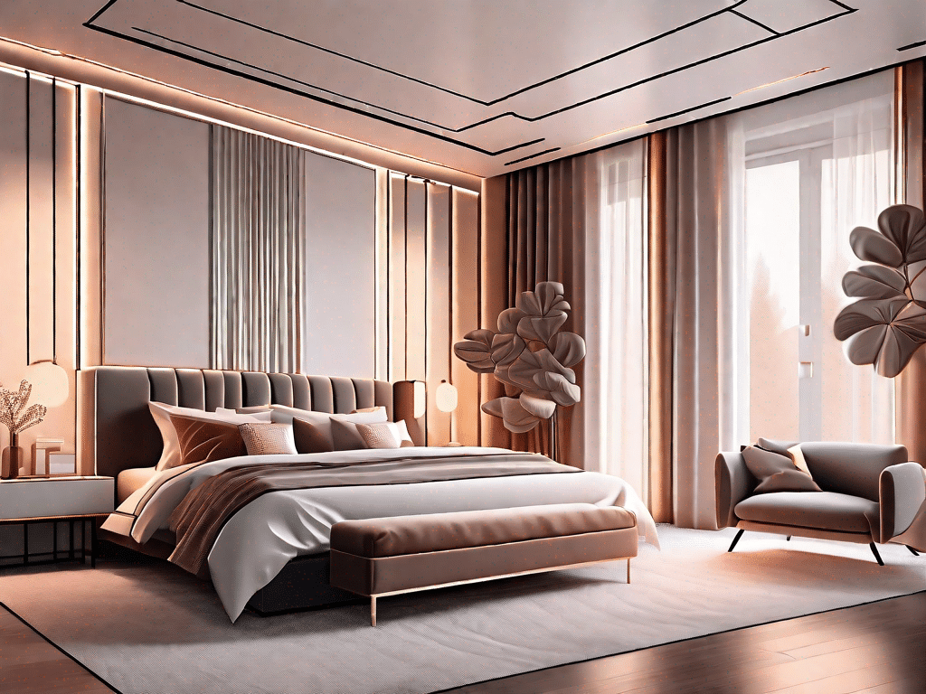 A luxurious bedroom with plush bedding