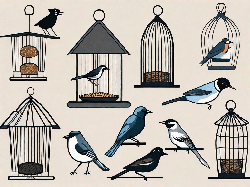Various types of birds pecking at different bird feeders