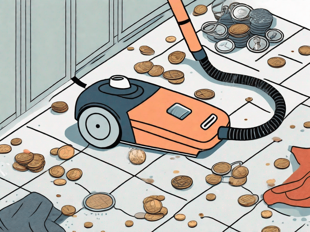 A vacuum cleaner being improperly used on a rug with various items like coins