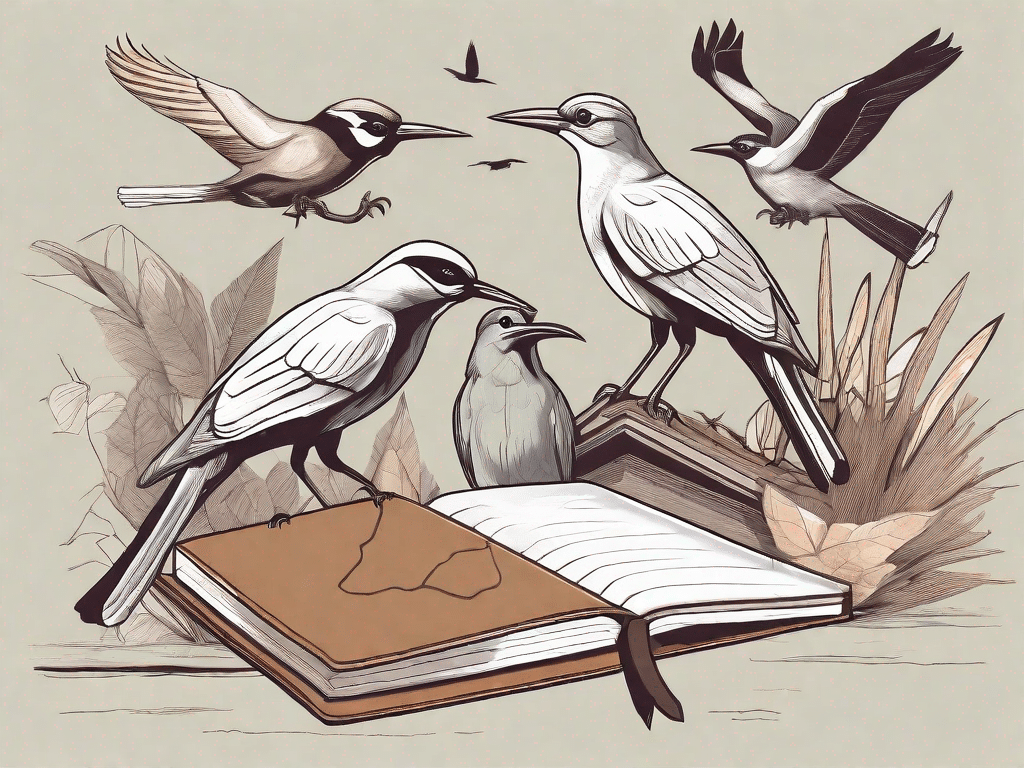 A variety of birds in their natural habitats with binoculars and a notebook in the foreground