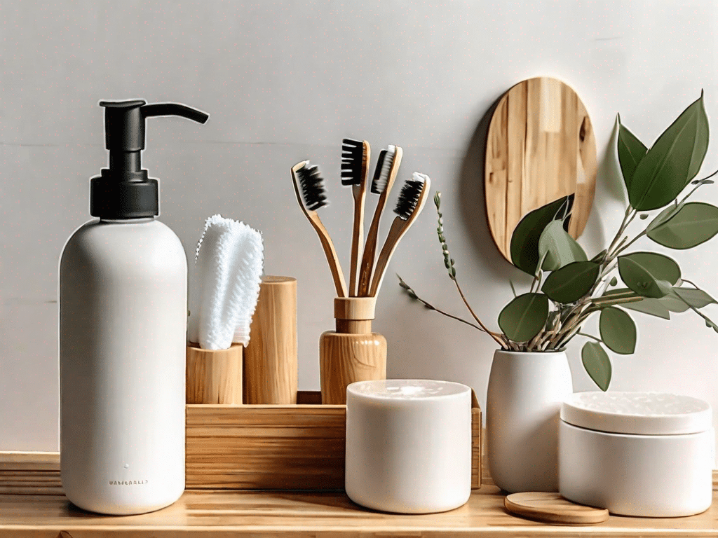A pristine bathroom filled with eco-friendly products like bamboo toothbrushes