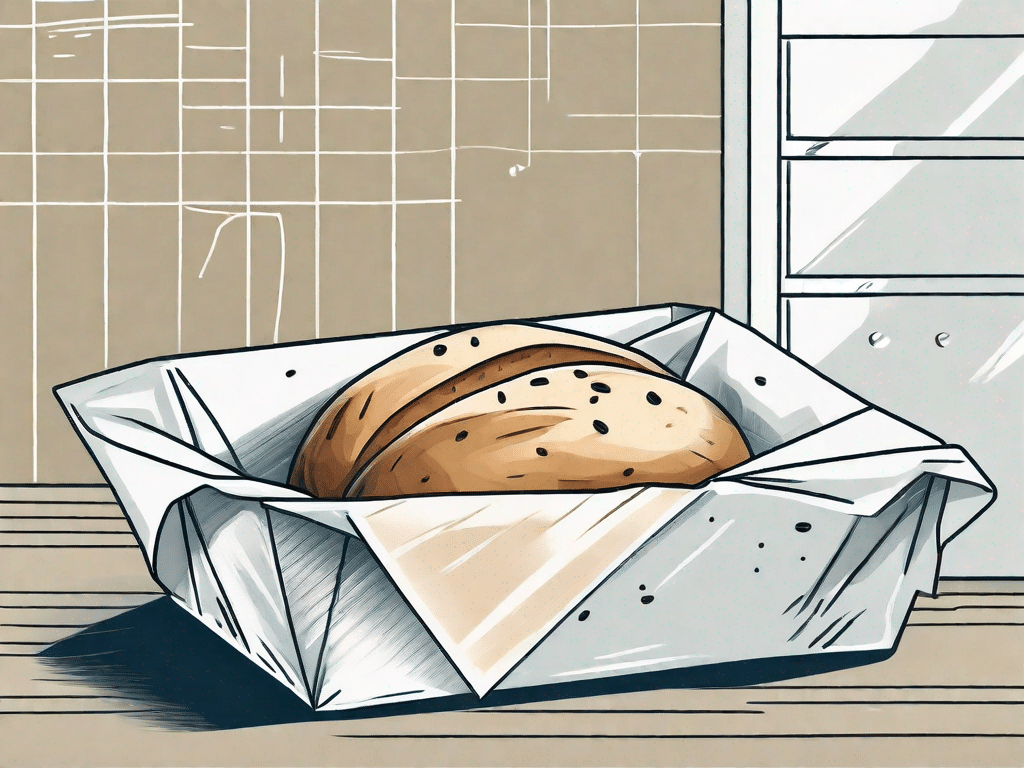 A loaf of bread partially wrapped in freezer paper with a kitchen timer and a freezer in the background to depict the concept of freezing bread at the right time for a fresh bakery taste